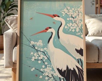 Crane Wall Art Japanese Bird Artwork Framed Canvas Nature Print Living Room Art White Cherry Blossom Painting Japandi Style Home Decor Teal