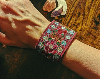 Handcrafted  Embroidery Needlework With Sequins Bracelet in Maroon and Silver