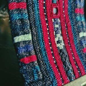 May include: Close-up of a woven fabric with a blue, red, and white geometric pattern. The fabric has a textured surface and is made of tightly woven threads.