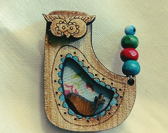 Handcrafted Wooden Owl Brooch/Pin With Colorful Beads