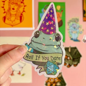 Grenouille magicienne, faites rouler si vous l'osez, D&D, oeuvre d'art RPG, holographique/mat, imperméable, autocollant