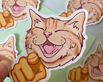 Pointing Laughing cat meme sticker, Matte Finish, Waterproof.