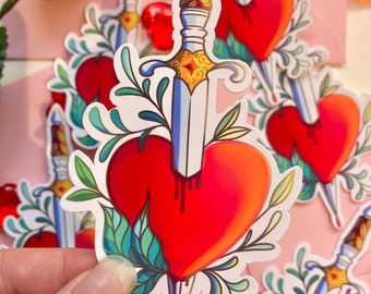 Unique Valentine's Day Gift: Fantasy Heart Sword Sticker, Matte And Holographic.