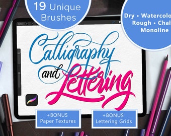 Calligraphy and Lettering Brush Bundle for Procreate. Chalk, Watercolor and Rough. Bonus Lettering Grids and Paper Textures for iPad.