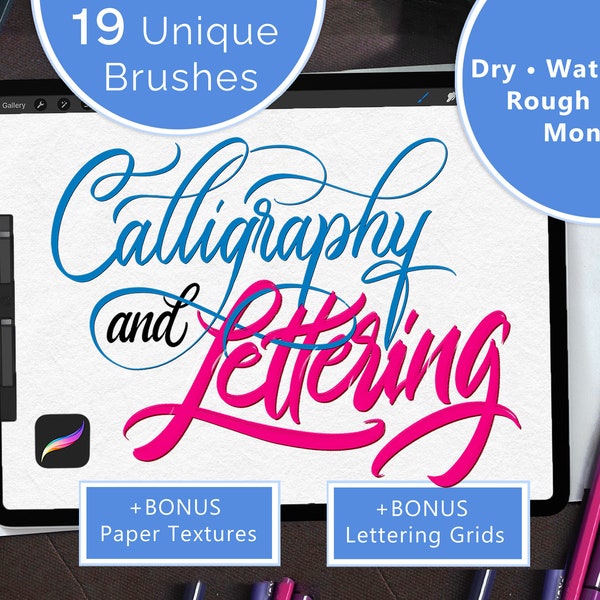 Calligraphy and Lettering Brush Bundle for Procreate. Chalk, Watercolor and Rough. Bonus Lettering Grids and Paper Textures for iPad.