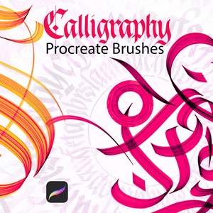 May include: Calligraphy Procreate Brushes, a digital art product for creating brush strokes. The image shows a pink and yellow brush stroke design with the Procreate app icon.