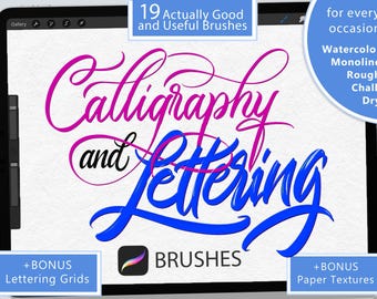 Procreate Lettering Brush Bundle: Kalligraphie, Kreide, Aquarell, Grob (Bonus Grids und Papier)