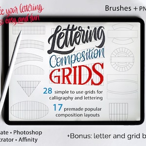 Puede incluir: Una pantalla de tableta digital que muestra un conjunto de 28 cuadrículas fáciles de usar para caligrafía y rotulación. Las cuadrículas están diseñadas para ayudar con la composición de letras. La pantalla también muestra 17 diseños de composición populares prefabricados. El texto "Lettering Composition Grids" se muestra en letras grandes y coloridas en la pantalla. El texto "Brushes + PNG files" se muestra en la esquina superior derecha de la pantalla. El texto "Procreate. Photoshop. Illustrator. Affinity" se muestra en la esquina inferior izquierda de la pantalla. El texto "+Bonus: letter and grid builder" se muestra en la esquina inferior derecha de la pantalla.