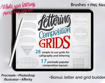 Procreate Lettering Grid Brush Set | Layout-Generator-Zusammenstellungs-Stempel und Hintergründe