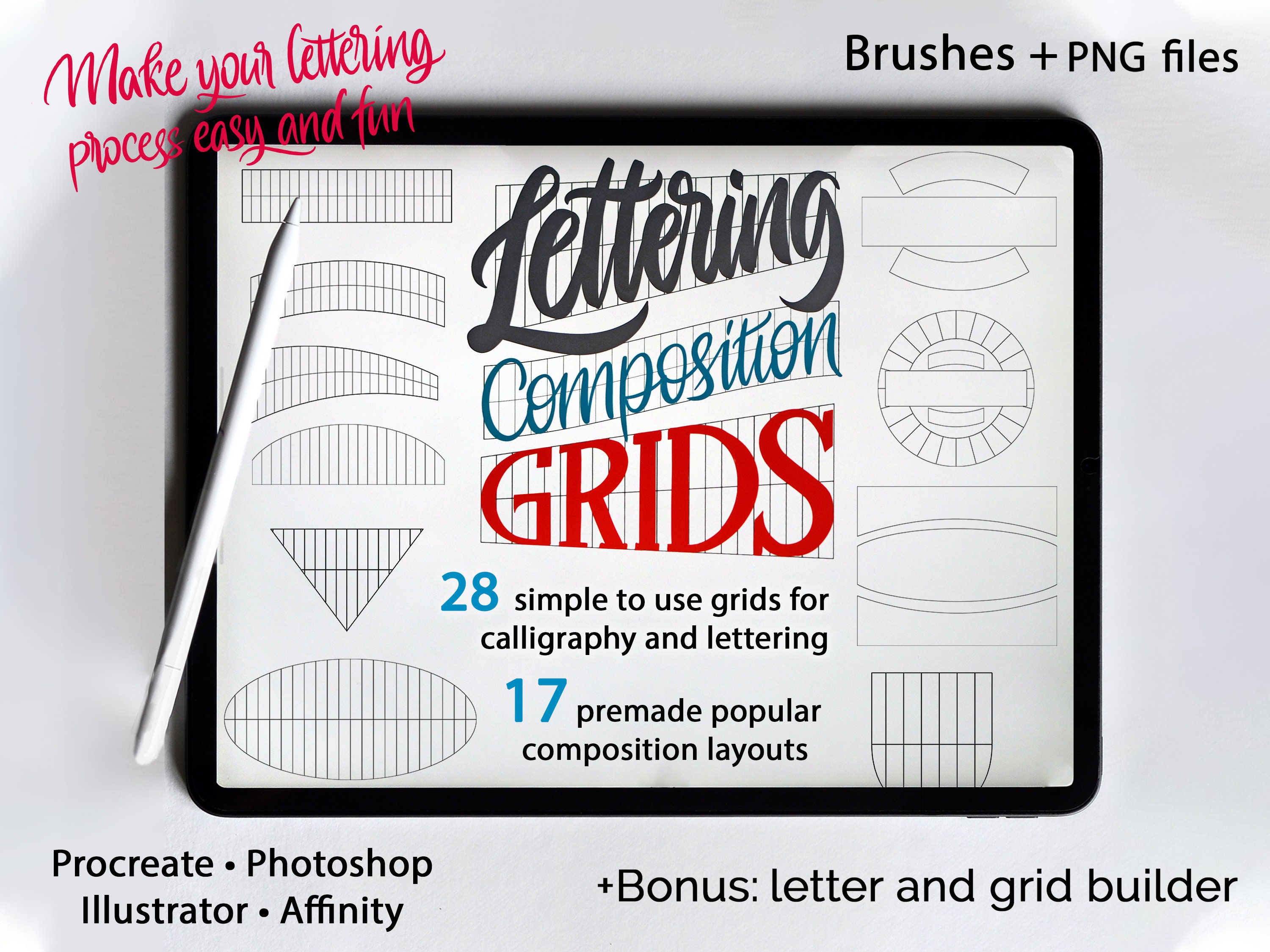 Pack de rejillas de lettering para Procreate – Pinceles, sellos de composición y grid builder para iPad