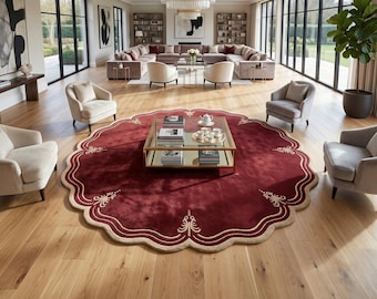 Vintage Burgundy Scalloped Wool Rug | Tufted Round Area Rug | Elegant Victorian Style Carpet | Luxury Soft Wool Rug | Statement Floor Decor