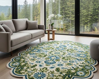 Green Ambre Floral pile Hand Tufted Playful Modern Carpet for bedroom, playroom, living room, customisation available.