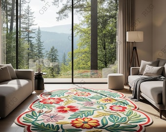 Scallop Floral  Irregular Shape Modern Hand Tufted Area Rug, Bedroom rug Living Room Rug All Size 5x7, 8x10, 9x12, 10x14 Rug.