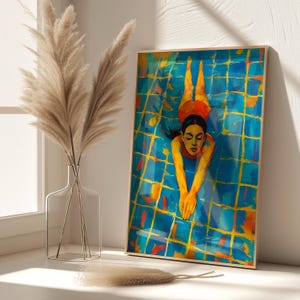 Swimming Pool Wall Art, Colourful Woman Swimming Print, Abstract Summer Decor, dopamine decor for Swimmers & Pool Lovers, Pool Wall Art
