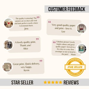 May include: A customer feedback graphic featuring the text CUSTOMER FEEDBACK and STAR SELLER REVIEWS with five yellow stars. It displays five testimonials with circular image inserts showing framed wall art prints, including playing cards, cherries, and landscapes.