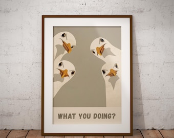 Funny Seagull Art Print, Retro Coastal Bathroom Home Decor