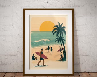 Puede incluir: Impresión artística enmarcada que representa una escena de playa con surfistas, palmeras y un sol poniente. La obra presenta figuras que llevan tablas de surf y disfrutan de la playa. La paleta de colores incluye tonos de naranja, azul y verde.