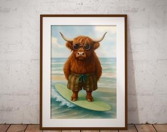 May include: A framed print featuring a whimsical illustration of a Highland cow wearing sunglasses and striped shorts, surfing on a light green surfboard in the ocean. The artwork has a beach theme with a blue sky and water background.