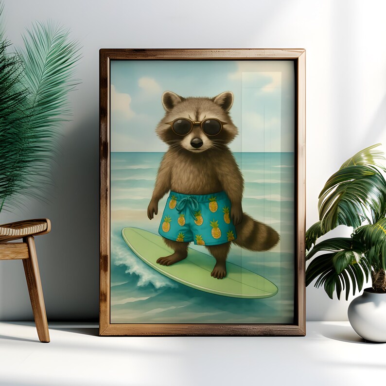 Raccoon Surfing Print: Beach House Decor, Animal Surfboard Art - Etsy UK