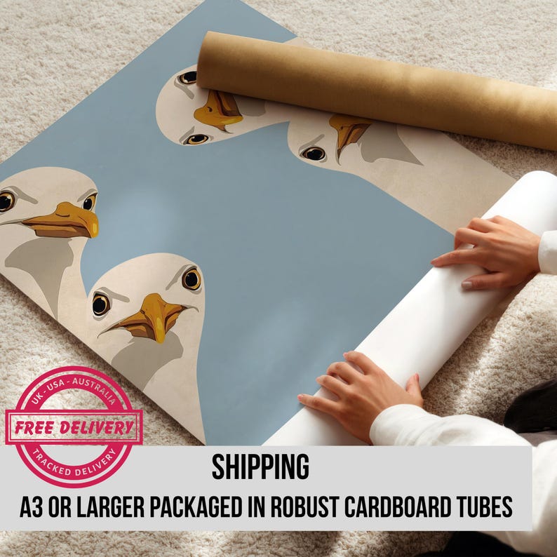May include: A light blue poster featuring a cartoon illustration of seagulls with yellow beaks and black eyes. The poster is packaged in a brown cardboard tube. The text "FREE DELIVERY" is visible.