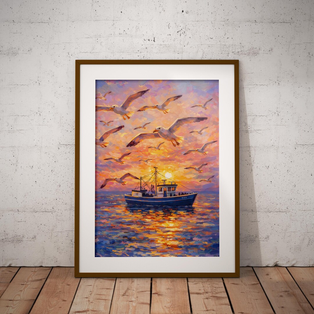 Seagull Wall Art Print, Coastal Sunset Fishing Boat Artwork, Nautical ...