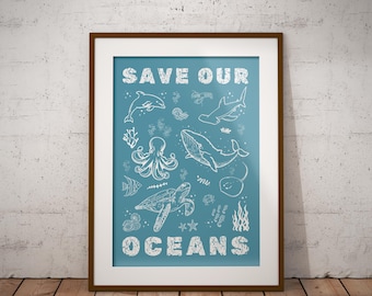 Save Our Oceans Art Print, Marine Life Illustration, Coastal Wall Decor