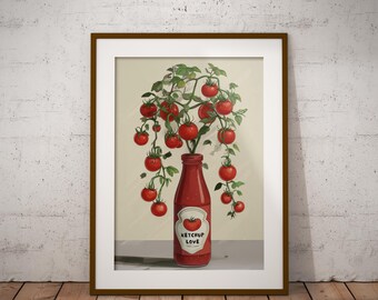 Op de afbeelding: Ingelijste kunstdruk met een rode ketchupfles waar een tomatenplant uit groeit. De fles heeft een etiket met de tekst "Ketchup Love". De tomaten zijn rood en de bladeren groen. De lijst is bruin.