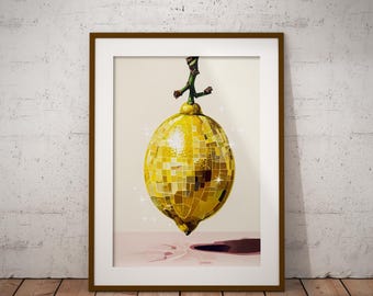 Disco-citroenprint, funky fruitkeuken muurkunst, retro feestposter
