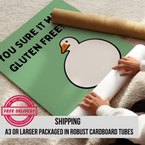 May include: A poster with a sage green background featuring a white, round goose illustration with an orange beak. The black text reads, "YOU SURE IT WAS GLUTEN FREE?" The poster is partially rolled, showing a smooth, white paper surface.