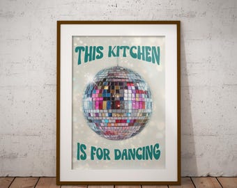 Kitchen Disco Ball Print, Dopamine Decor, Kitchen Dancing, Retro Wall Art, 70s Style
