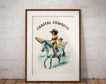 Stampa di un cowboy surfista sulla costa: decorazione murale in stile western da spiaggia