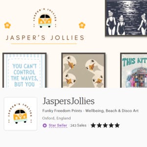 May include: A digital storefront banner for Jasper's Jollies featuring a logo with a yellow camper van, followed by three framed art prints. The prints display a beach scene with three figures, a blue text print, and a disco ball graphic.