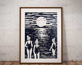 Open Water Swimming Print: Wild Swim Scene, Sea Swimmers Poster