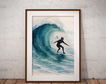 Watercolor Surf Art Print, Beach House Decor, Surfer Riding Waves