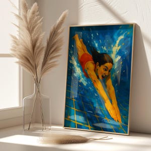 Swimming Pool Wall Art, Colourful Woman Swimming Print, Abstract Summer Decor, dopamine decor for Swimmers & Pool Lovers, Pool Wall Art
