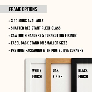 May include: A graphic displaying frame options with text listing features: 3 colors available, shatter resistant plexi-glass, sawtooth hangers, turnbutton fixings, easel back stand on smaller sizes, and premium packaging. Three frames in white, oak, and black.