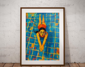 Colorful Woman Swimming Pool Print: Abstract Summer Wall Art