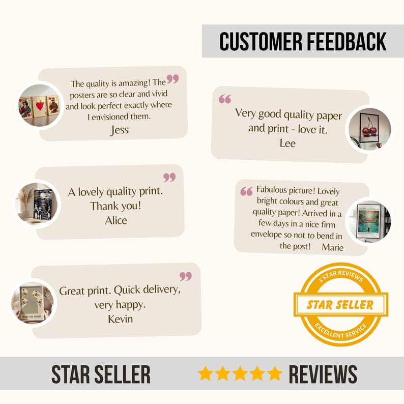 May include: Image showcasing customer feedback with text bubbles containing positive reviews. The image includes a "Star Seller" badge and a "5 Star Reviews" graphic, indicating excellent service and product quality.