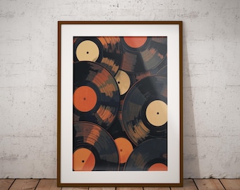 May include: Framed art print featuring a collection of vintage vinyl records. The records have black surfaces with orange and tan labels. The artwork is displayed in a brown frame against a white wall and wooden floor.