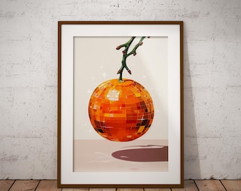 Groovy Orange Disco Ball Print, Funky Fruit Kitchen Wall Art Poster