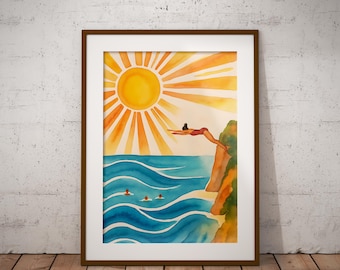 オープンウォータースイミングのアートプリント、海岸の水彩画、夏の冒険