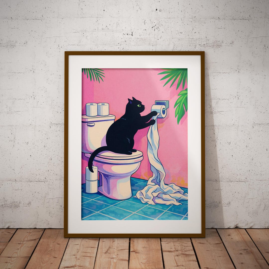 Black Cat Funny Toilet Wall Art - Colourful Bathroom Decor Quirky ...