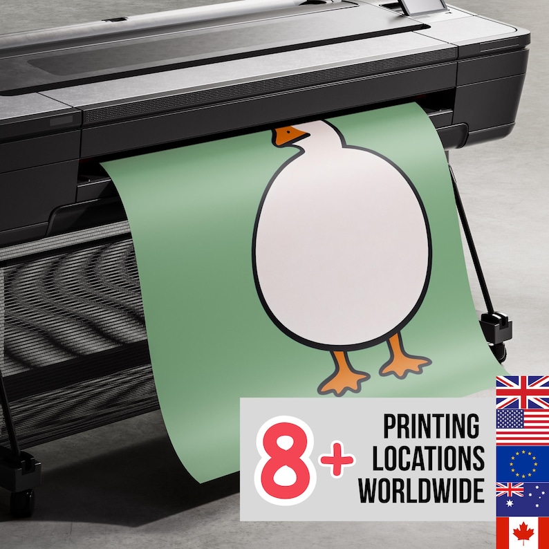 May include: A large format printer outputting a sheet of paper featuring a cartoon illustration of a round white goose with an orange beak and feet on a sage green background. A rectangular graphic displays the text 8+ PRINTING LOCATIONS WORLDWIDE.