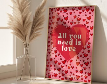 Love Heart Print, Song Lyrics Poster, Dopamine Decor, Retro Funky Wall Art for Romantic Home Decor, Unique Wedding Gift for Couples