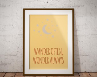 Wander Often Wonder Always Print, Minimalist Moon Stars Decor