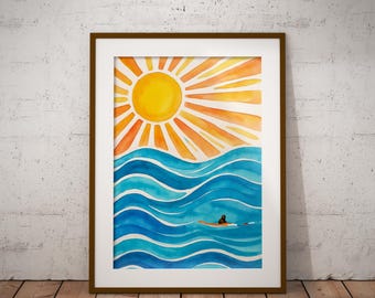 オープンウォータースイミングのアートプリント、海岸の水彩画、夏の冒険