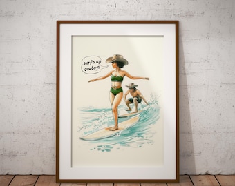 Coastal Cowgirl Surfing Print: Beachy Western Wall Art