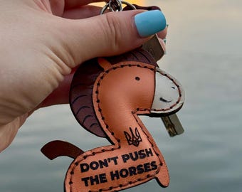 Handcrafted Leather Horse Keychain: 'Don't Push the Horses' Meme Gift