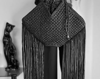 Halloween Big Witchy Bag | Black Gothic Fringe Purse | Spooky Season Handmade Macrame Handbag
