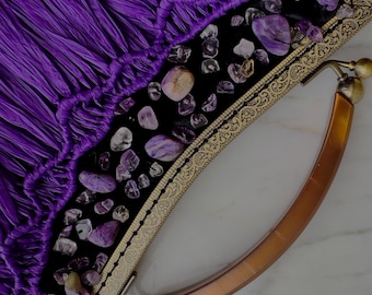 Handmade Raffia Fringe Clutch: Vintage Evening Bag with Lab-Grown Gemstones